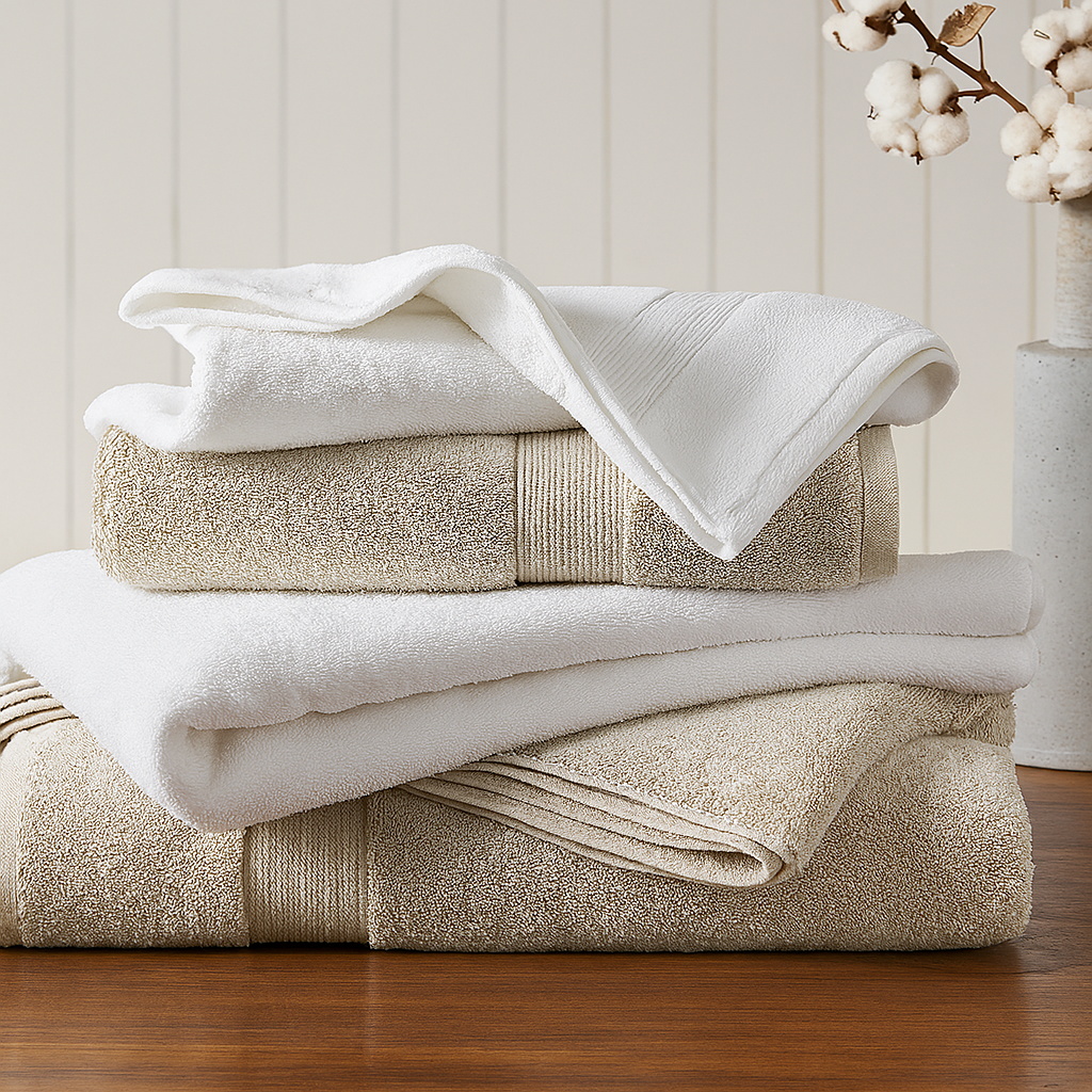 Stack of plush white and beige towels neatly folded on a wooden surface, with a cotton branch in a vase beside them, set against a light paneled wall background.