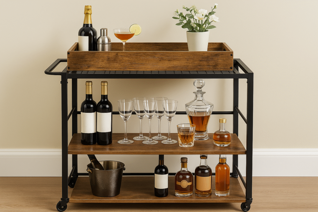 Wide view of a modern black metal and wood bar cart styled with bottles of wine and liquor, glass decanter, martini and wine glasses, cocktail shaker, and a wooden tray with a floral arrangement, set against a light beige wall and wooden floor.